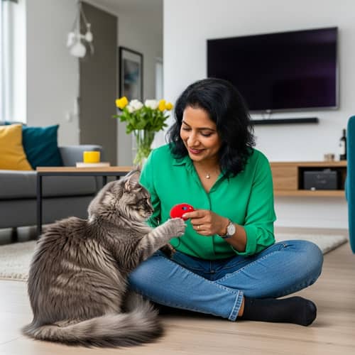 Joyful Interaction: Maine Coon Cat with South Asian Human