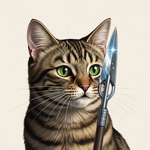 Curious Tabby Cat Examining Fish Spear
