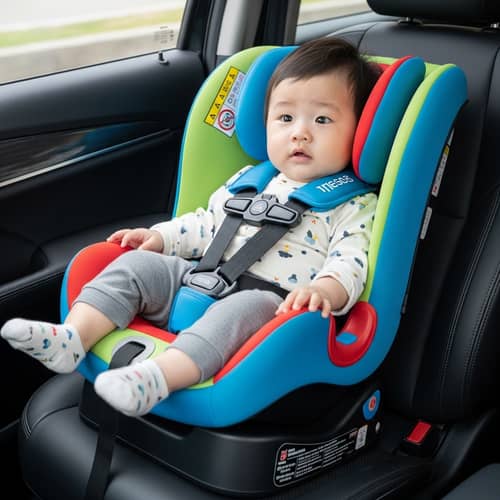 Asian Baby in Vibrant Child's Car Seat