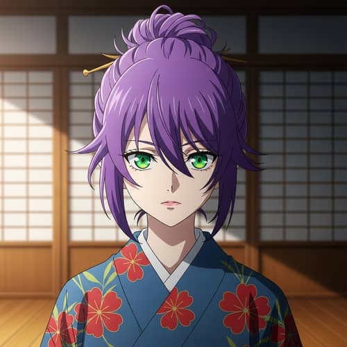 Anime Character with Neon Green Eyes and Purple Hair in Blue Kimono