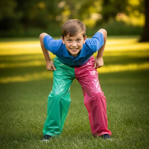Playful Ten-Year-Old Boy in Vibrant Plastic Pants | Outdoor Portrait