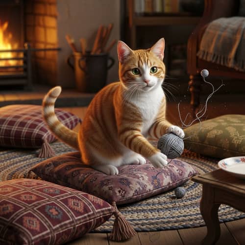 Adorable Tabby Cat Playing with Yarn in Cozy Home Setting
