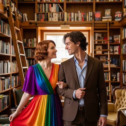 Red-Haired Woman and Brunette Man in Love | Bookstore Romance