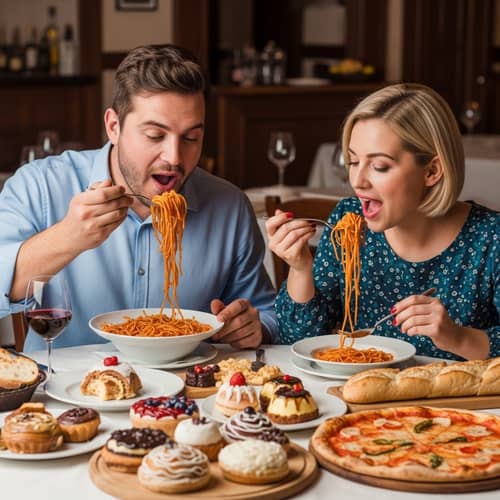 Elegant Overweight Italian Couple Indulging in Delicious Feast