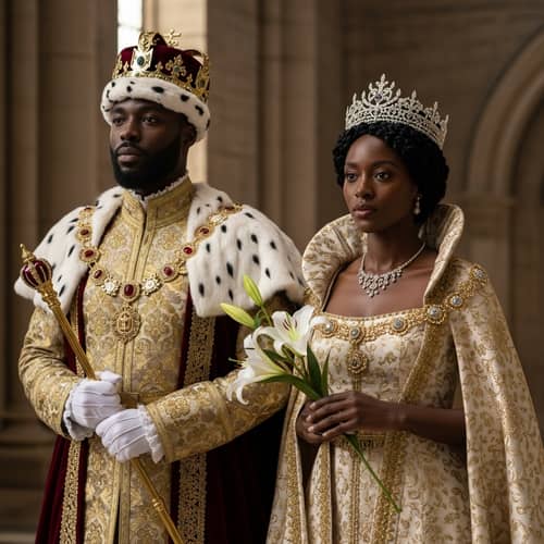 Black Queen Standing Next to Her King - Regal Elegance