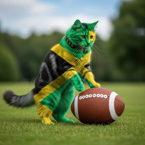 Playful Jamaican Flag Cat Kicking Football in Park Setting