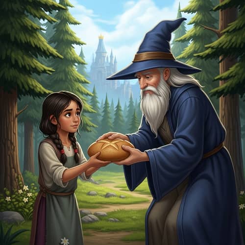 Young Hispanic Girl and Elderly Wizard Share Bread in Kingdom Woods