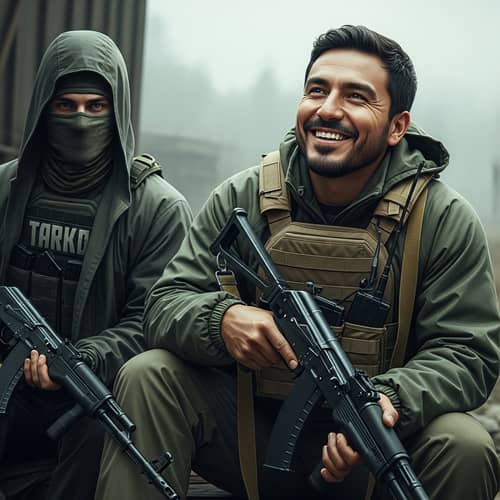 Hispanic Man Holding Weapon with Caucasian Figure in Tarkov Setting