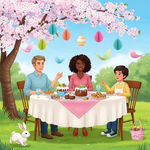 Peaceful Easter Sunday Gathering Under Cherry Blossom Tree