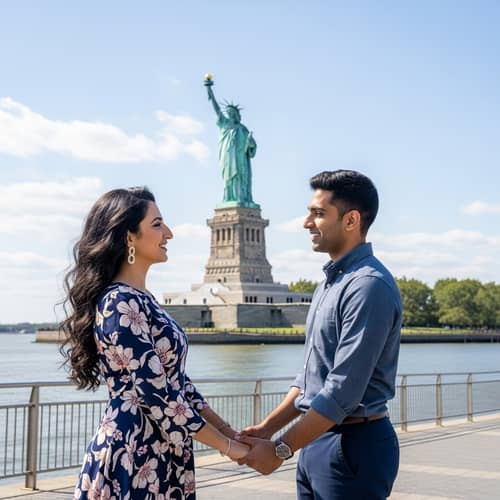 Multicultural Couple in Peaceful Conversation near Statue of Liberty