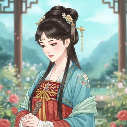 Elegant East Asian Woman in Traditionally-Inspired Gown