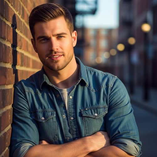 Confident Handsome Man with Short Brown Hair and Blue Eyes