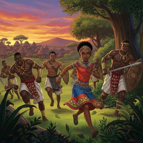 Black Princess Escaping Warriors in African Forest at Sunset