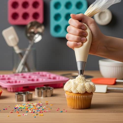 Decorative Buttercream Frosting on Cupcake | Baking Utensils Background