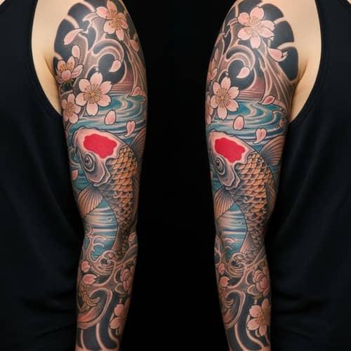 Vibrant Koi Fish and Sakura Arm Tattoo Design