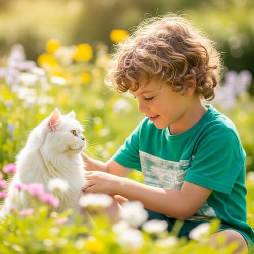 Playful Bond Between Boy and Fluffy Persian Cat
