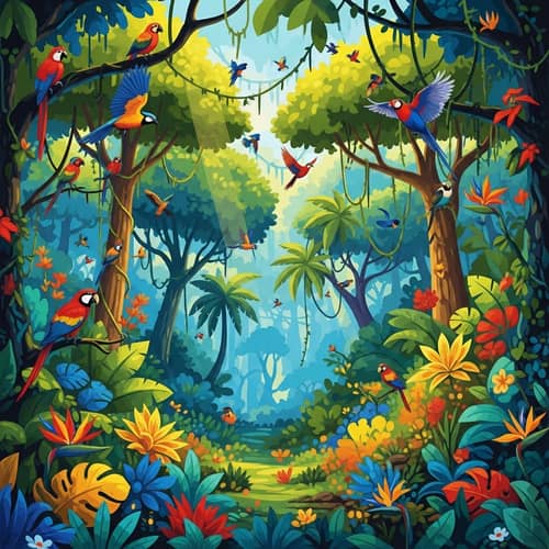 Vibrant Jungle Scene | Lush Flora & Colorful Birds