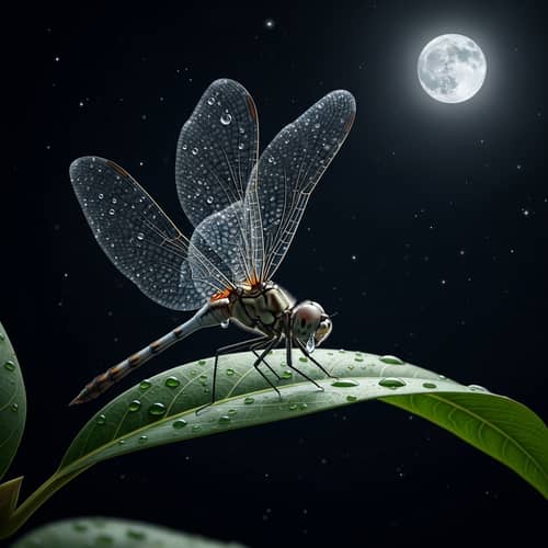 Sorrowful Dragonfly with Teardrops on Wings | Night Sky Moon