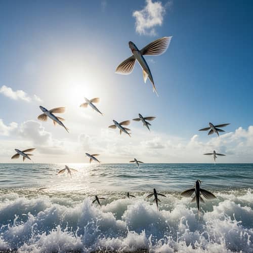 Colorful Flying Fish Soaring Over Tropical Ocean