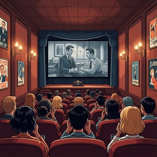Vintage Cinema Scene Illustration with Diverse Moviegoers