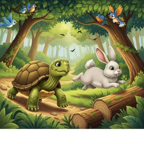 Playful Turtle and Rabbit Race in Lush Forest