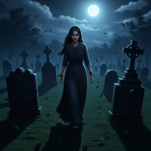 Eerie South Asian Girl in Graveyard at Night