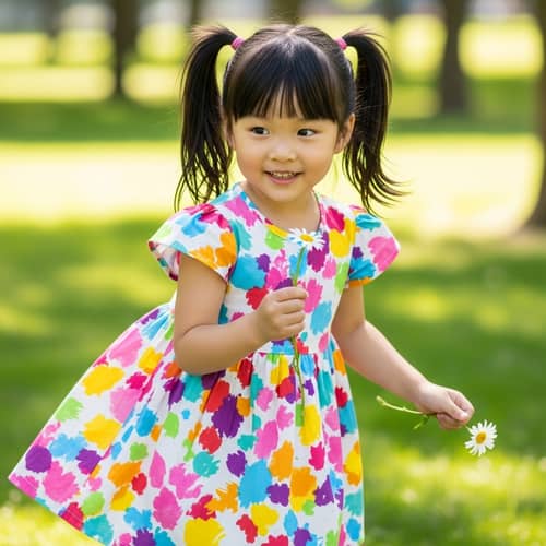 Adorable Asian Girl Playing in Sunny Park with Daisy