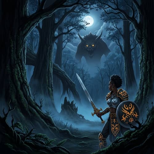 1980s Dark Fantasy Art: Enchanted Forest Scene with Black Female Warrior