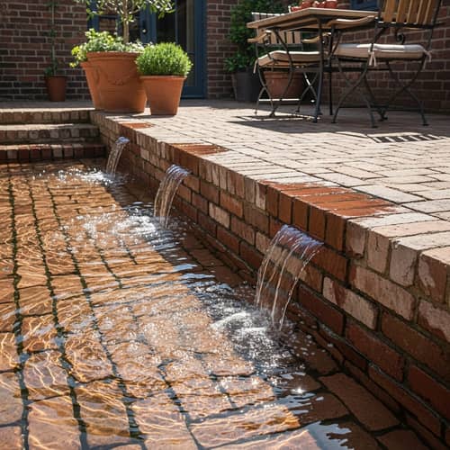 Captivating Patio Design with Rising Water on Rustic Brickwork