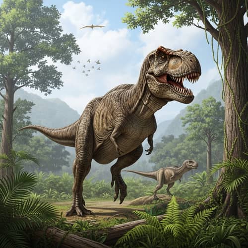 Prehistoric Dinosaur Roaming in Lush Jungle