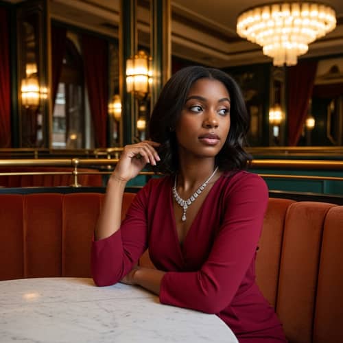 Luxurious Art Deco Dining Room with Young African Woman in Red Dress