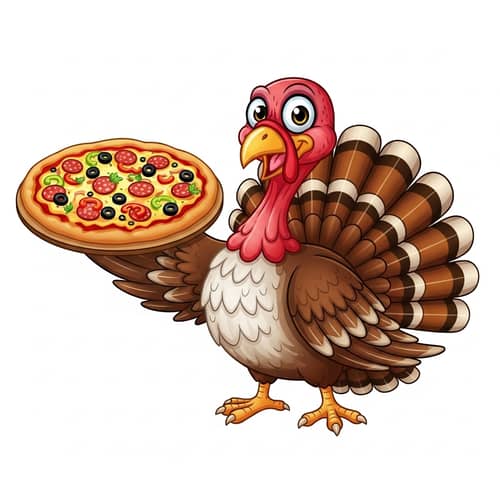 Adorable Turkey Cartoon with Pizza - Colorful Illustration