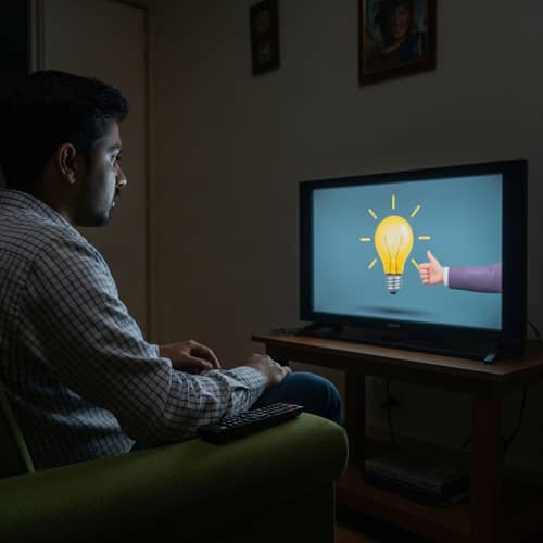 Thought-Provoking Image: South-Asian Man Entranced by TV Light Bulb