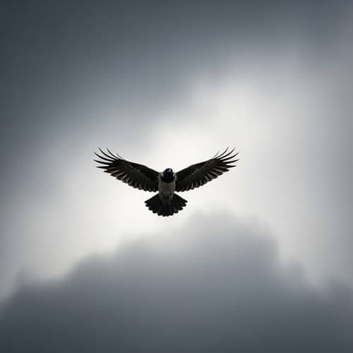 Crow Flying in Gray Sky