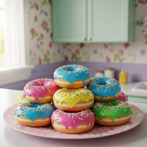 Colorful Glazed Donuts with Sprinkles on Pink Plate