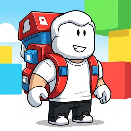 Playful White Roblox Character with Red and Blue Accessories