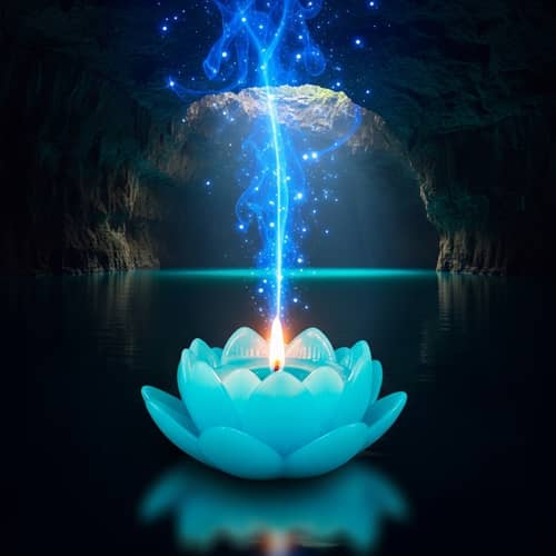 Vibrant Blue Lotus Candle Illuminating Underwater Cave