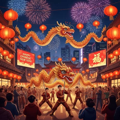Year of the Dragon Celebration: Festive Dragon Dance in Urban Landscape