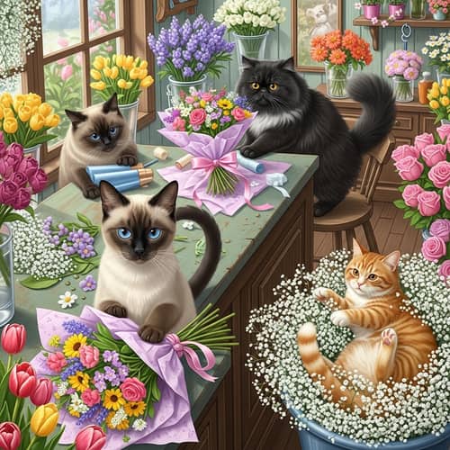 Charming Florist Shop: Cats Creating Beautiful Bouquets