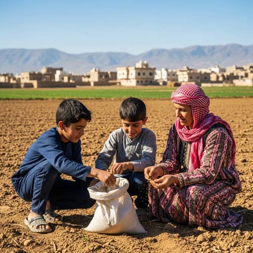 Middle-Eastern Mother and Sons Farming in Rural Village