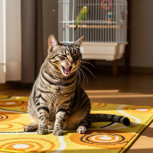 Tabby Cat Yawning on Colorful Rug - Whimsical Scene Captured