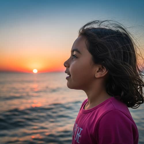 Hispanic Little Girl Enthralled by Sunset at Seashore