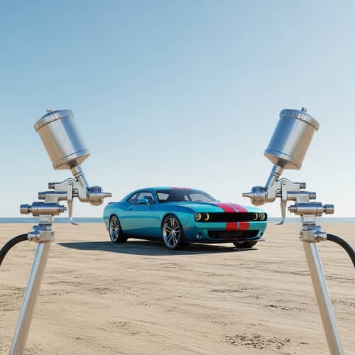 Vibrantly Colored Muscle Car on Beach with Bodyshop Spray Guns