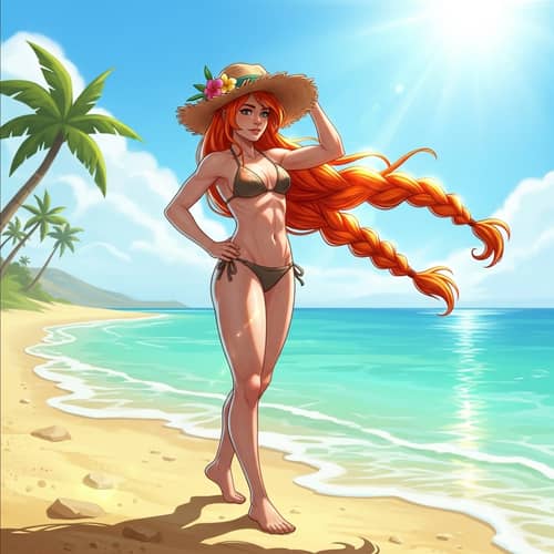 Youthful Female Adventurer with Vibrant Orange Hair on Sunny Beach