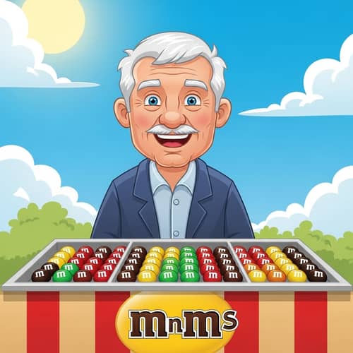 Colorful MnM Stand with Cartoon Older Man | Joyful Cartoon Character