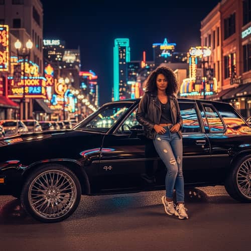 Hyper-Realistic Dallas Nightscape with African American Woman & 1986 Cutlass Supreme