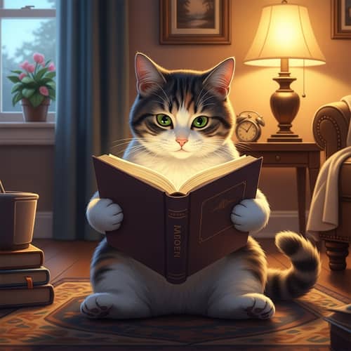 Enchanting Scene of a Feline Engrossed in Literature