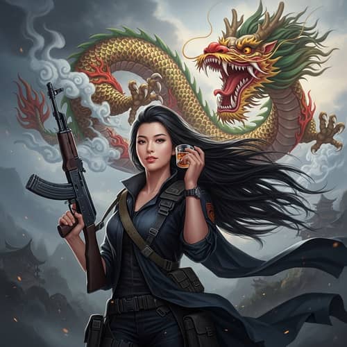 Confident Chinese Woman with AK47 Defending Against Dragon