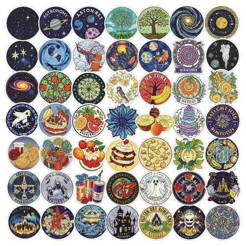 Colorful Stickers with Diverse Designs for Astronomy, Nature, Food, and More