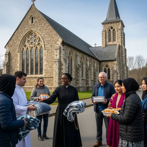Community Unity: Diverse Group Sharing Warmth at Old Gothic Church